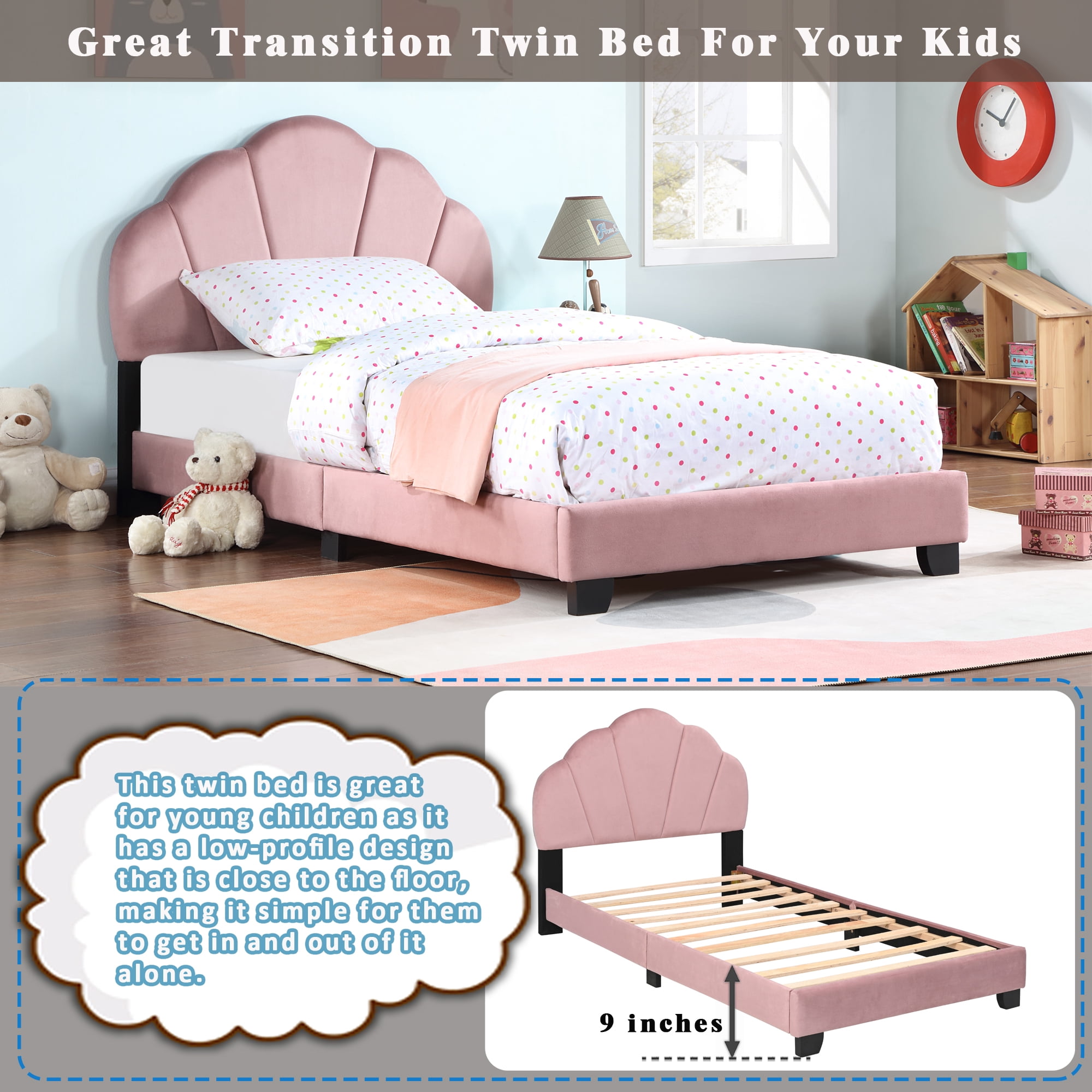 MAYEERTY Upholstered Twin Size Platform Bed – Shell Design Velvet Bed Frame for Kids, No Box Spring Needed, Pink
