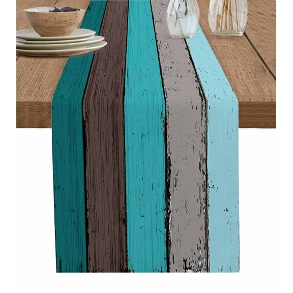 Aqua Wooden Burlap Cotton Table Runner 16x72 Inches Long, Grey Stripe Gradient Country Rustic Grain Farmhouse Table Runners, Outdoor Dining Tablecloths Decor for Baby Shower/Party/Wedding