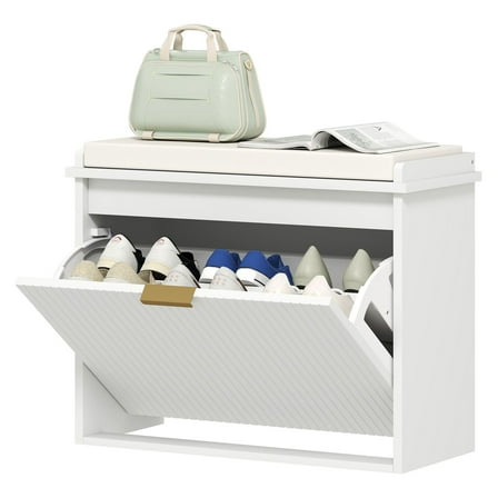 SAZYY Small Shoe Storage Cabinet with Padded Seat and Drawer, 24.4 Inch Narrow Entryway Bench for Apartment, White