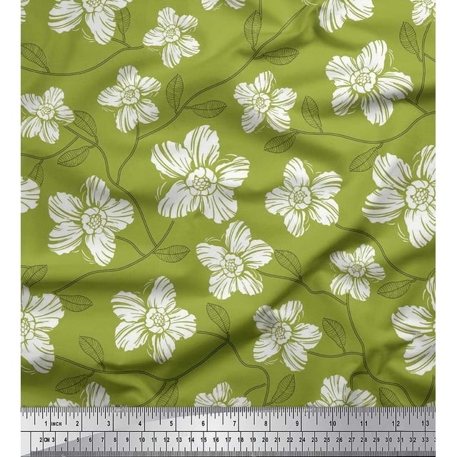 Soimoi Polyester Crepe Fabric Leaves & Floral Artistic Decor Fabric Printed Yard 52 Inch Wide
