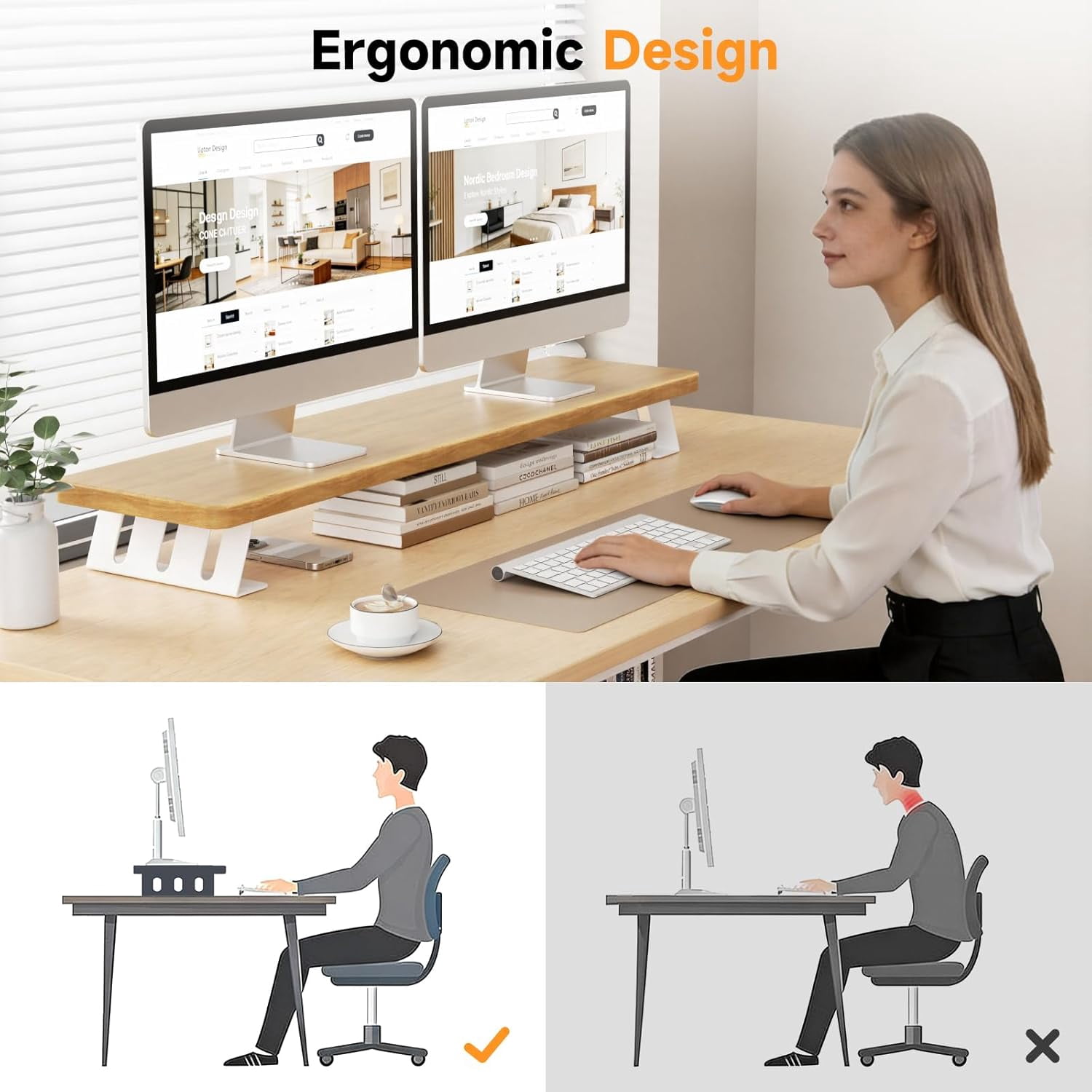 Dual Monitor Stand Riser, 39 Inch Large Wood Monitor Stands for 2 Monitors, Desk Monitor Riser for Computer/Laptop/Printer/TV, Supports  to 220 lbs