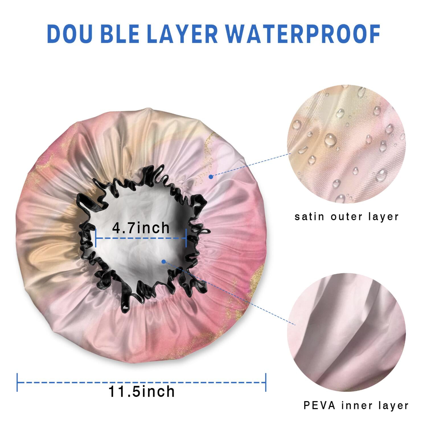 Shower Caps,Pink Gold Marble Pattern Waterproof Shower Cap for Women 4 Pieces,Double Reusable Hair Cover for Shower PEVA Elastic Stretch Hem