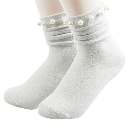 

Wool Socks - Thick Warm Winter Socks Crew Cushion - Beaded Embellished Cozy and Novelty Womens Socks White