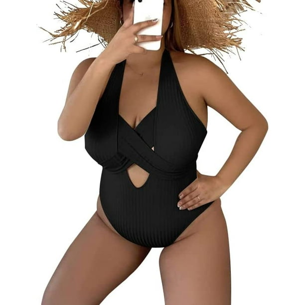 Sexy Mujer Talla Extra Halter Traje de baño de Cuerpo Entero V Cuello Traje de baño de Buceo con Traje de baño Cruzado Negro XL Negro XL Xishao ropa