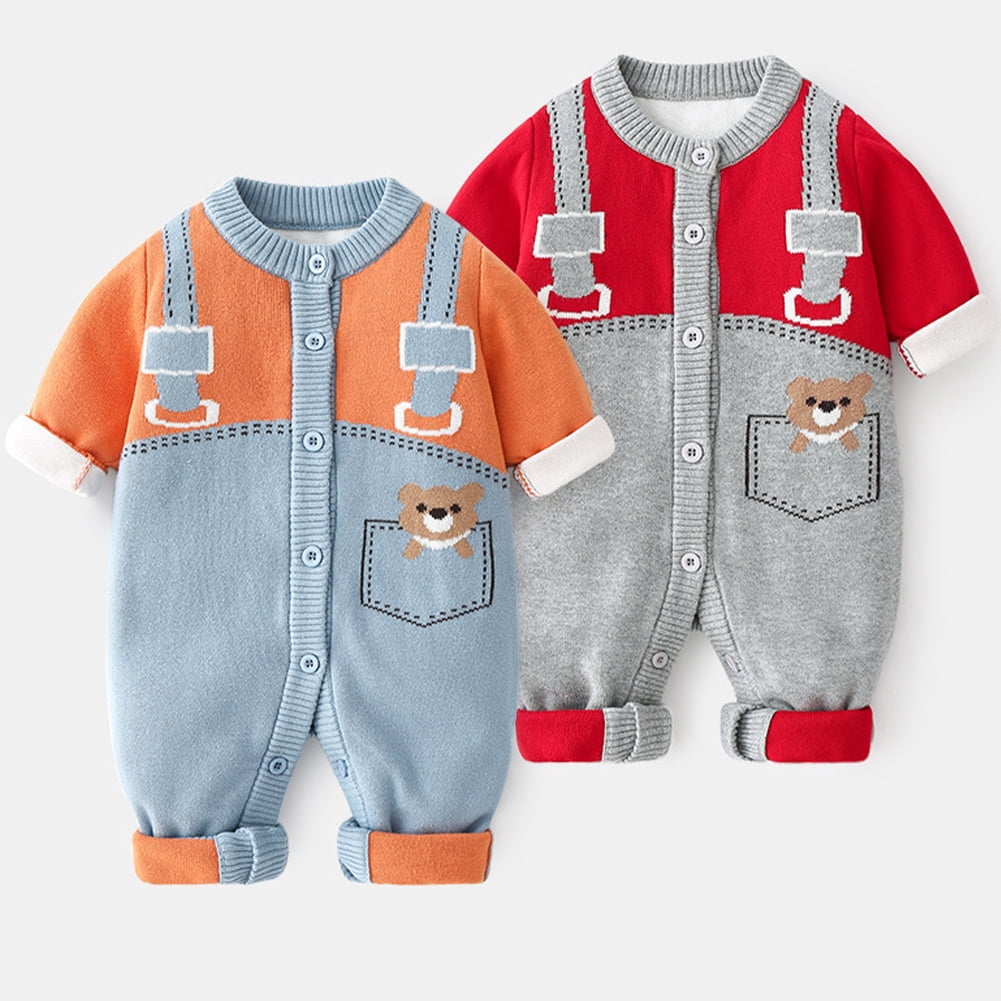WOLLED Baby Onesies for Newborn Boys Girls Bear prints Bodysuit Jumpsuit for Infant Fall Winter Bodysuit Outfit Knit Cotton Romper Warm Onesies 2-21M
