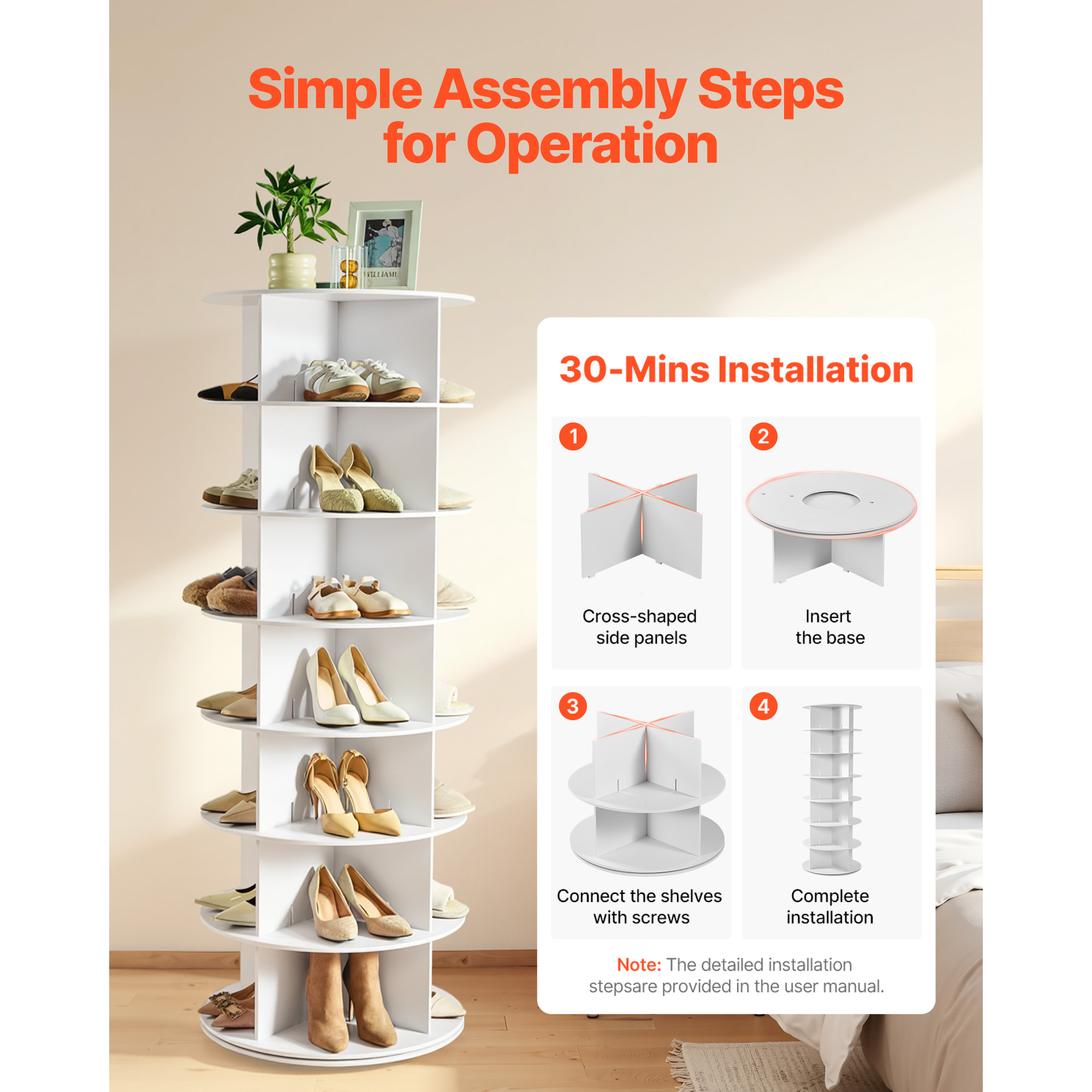 KFFKFF 7-Tier Rotating Shoe Rack, 63.8" Shoe Organizer, Freestanding Shoe Organizer for Bedroom, Living Room, Entryway, Closet, White