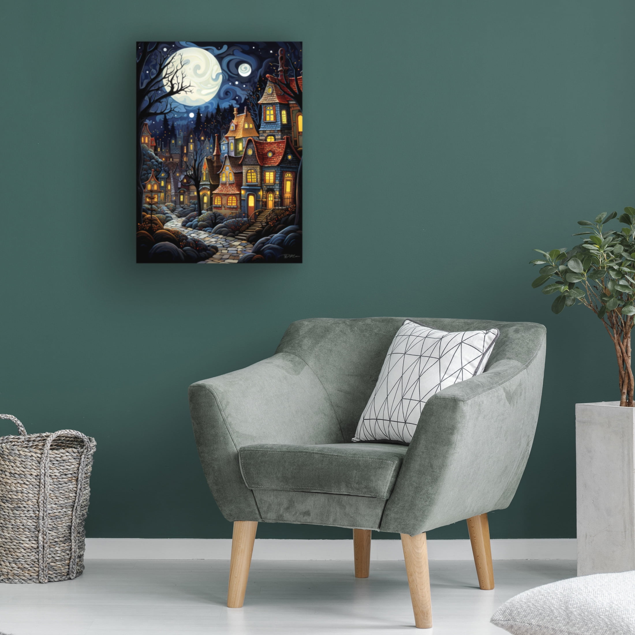 Canvas Wall Art - Momart 'Serene Village Under The Moon 3' Wall Art for Living Room, Bedroom, or Office Décor by Trademark Fine Art - 18 x 24 Inches