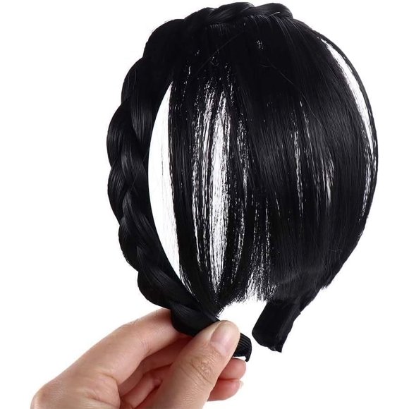 Jinshining Flequillo Falso Marrón y Negro Diadema para Mujeres Niñas Flequillo con Trenzas de Doble Fila Diadema Extensiones de Cabello Herramientas de Peinado Accesorios para el Cabello Diademas de M