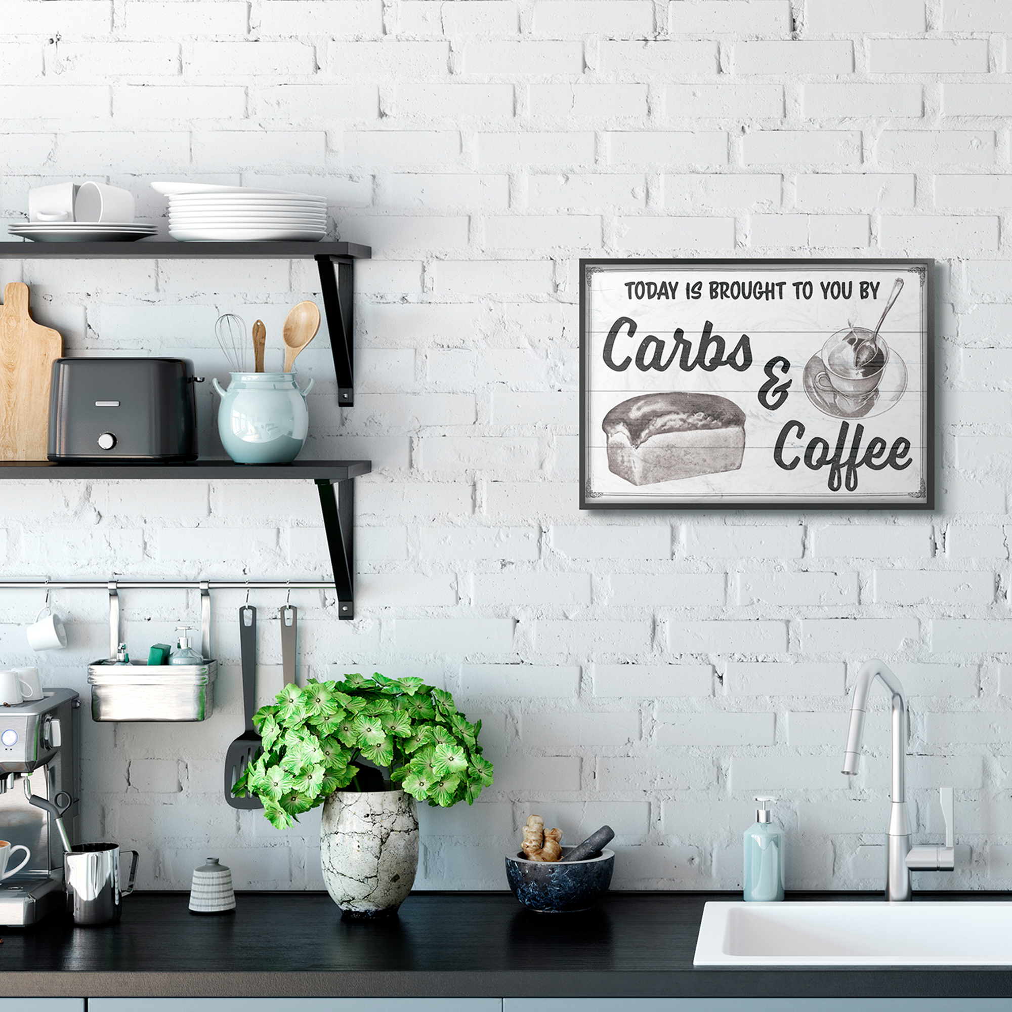 Stupell Industries Carbs and Coffee Kitchen Humor Rustic Word Design Graphic Art Black Framed Art Print Wall Art, 16x20, by The Saturday Evening Post