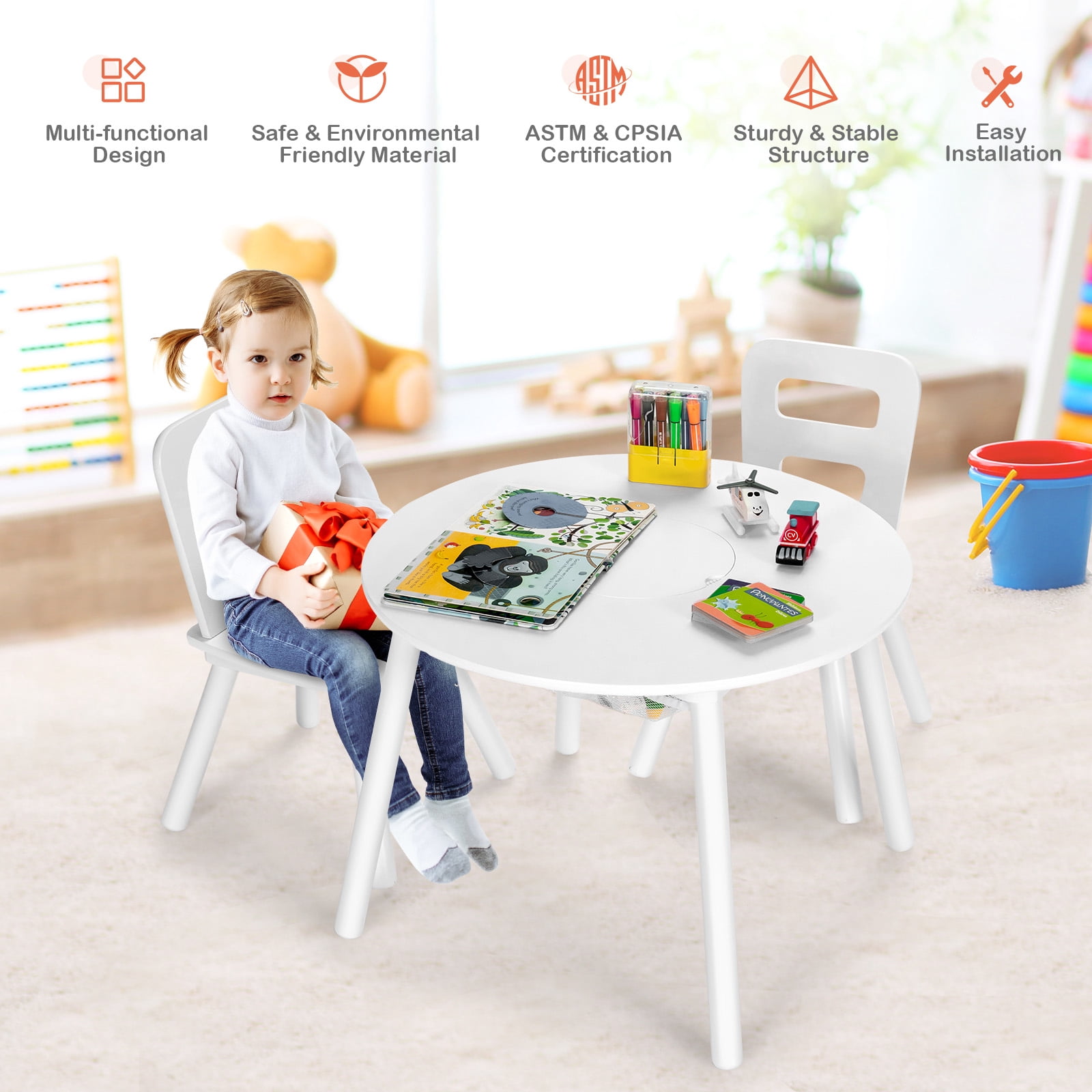 Infans Kids Wooden Round Table & 2 Chair Set w/ Center Mesh Storage White