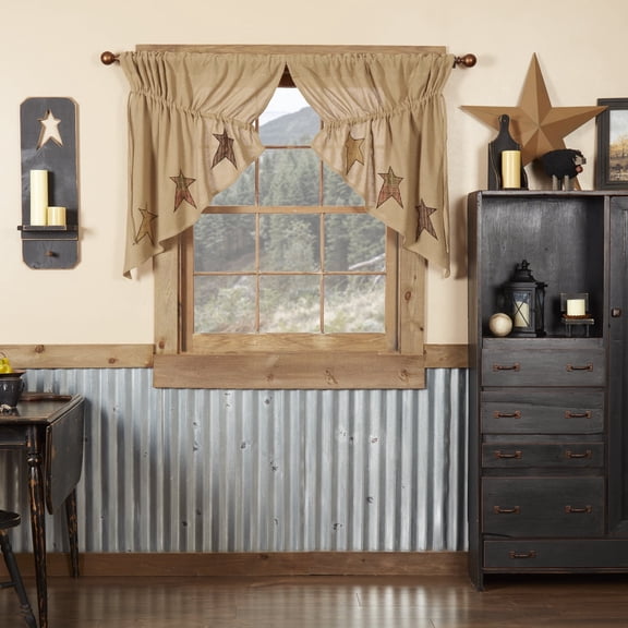 Stratton Primitive 36"x36"x18" Burlap Star Prairie Swag Pair Tan Rod Pocket Appliqued Cotton Drawstring Ties Kitchen Window Curtains