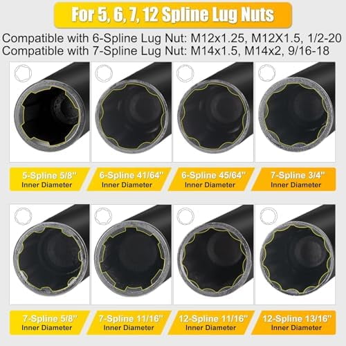16-Piece Locking Lug Nut Master Key Set | 5, 6, 7, 12 Spline Socket Set, Star and Internal Hex Style Lug Nut Key Set, CR-MO Steel (Not for Hex, Deep, Large-Size, and 10-Spline)