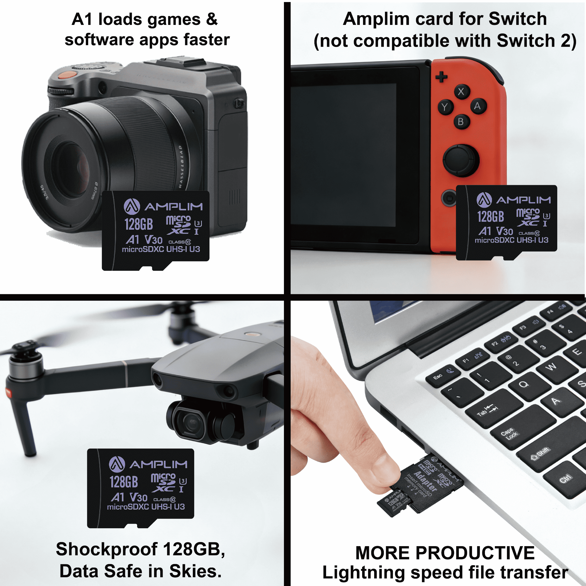 Amplim 128GB Micro SD Card, Extreme High Speed MicroSD Memory Plus Adapter, MicroSDXC SDXC U3 Class 10 V30 UHS-I TF GoPro Hero, Surface, Phone Galaxy, Camera Security Cam, Tablet