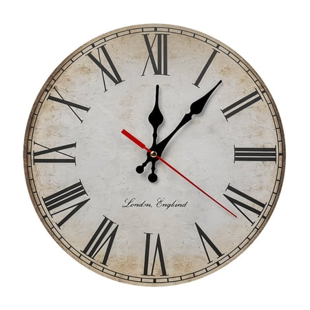 12 Inch Vintage London Roman Numeral Wooden Wall Clock, Distressed Rustic Quiet Sweep Clock, Antique Style Decor for Living Room Bedroom Office, Battery Not Included