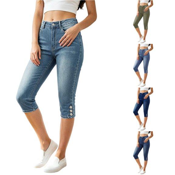 XAOFW Casual Capri Pants For Women Stretchy Slim Fit Denim Pant Solid Color Straight Leg Jeans Trousers For Everyday Wear Comfortable Bottoms L