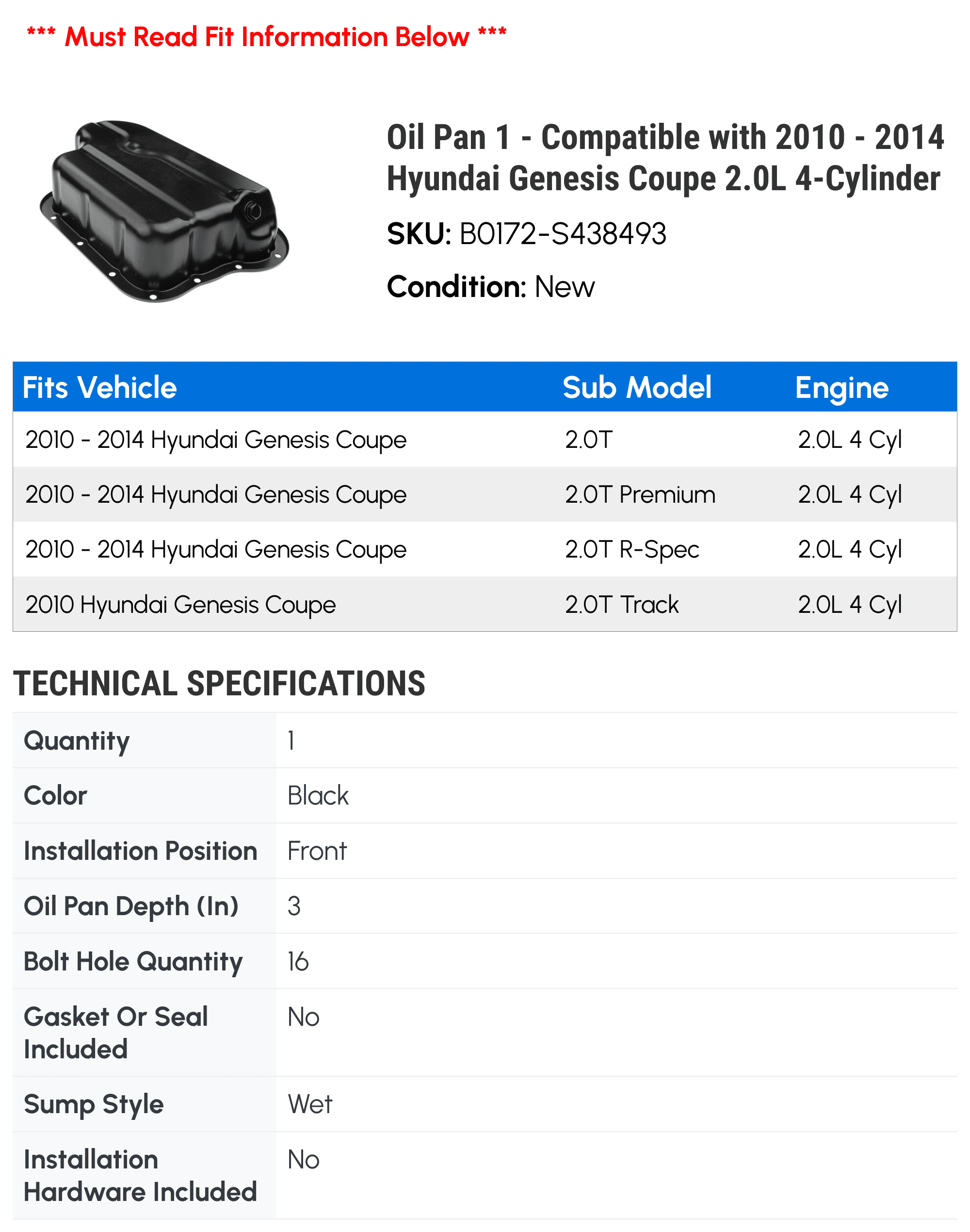 Oil Pan 1 - Compatible with 2010 - 2014 Hyundai Genesis Coupe 2.0L 4-Cylinder - Autopart Premium