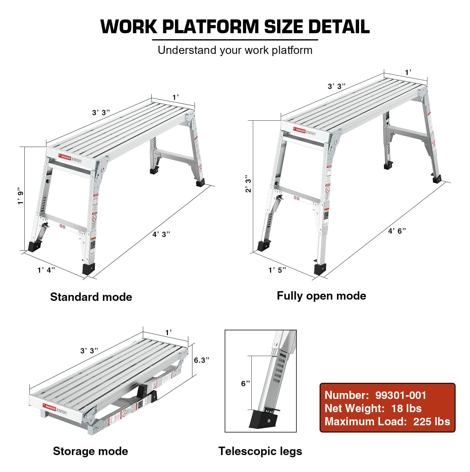 Aukfa Adjustable Work Platform, Portable Bench Folding Ladder,Gray