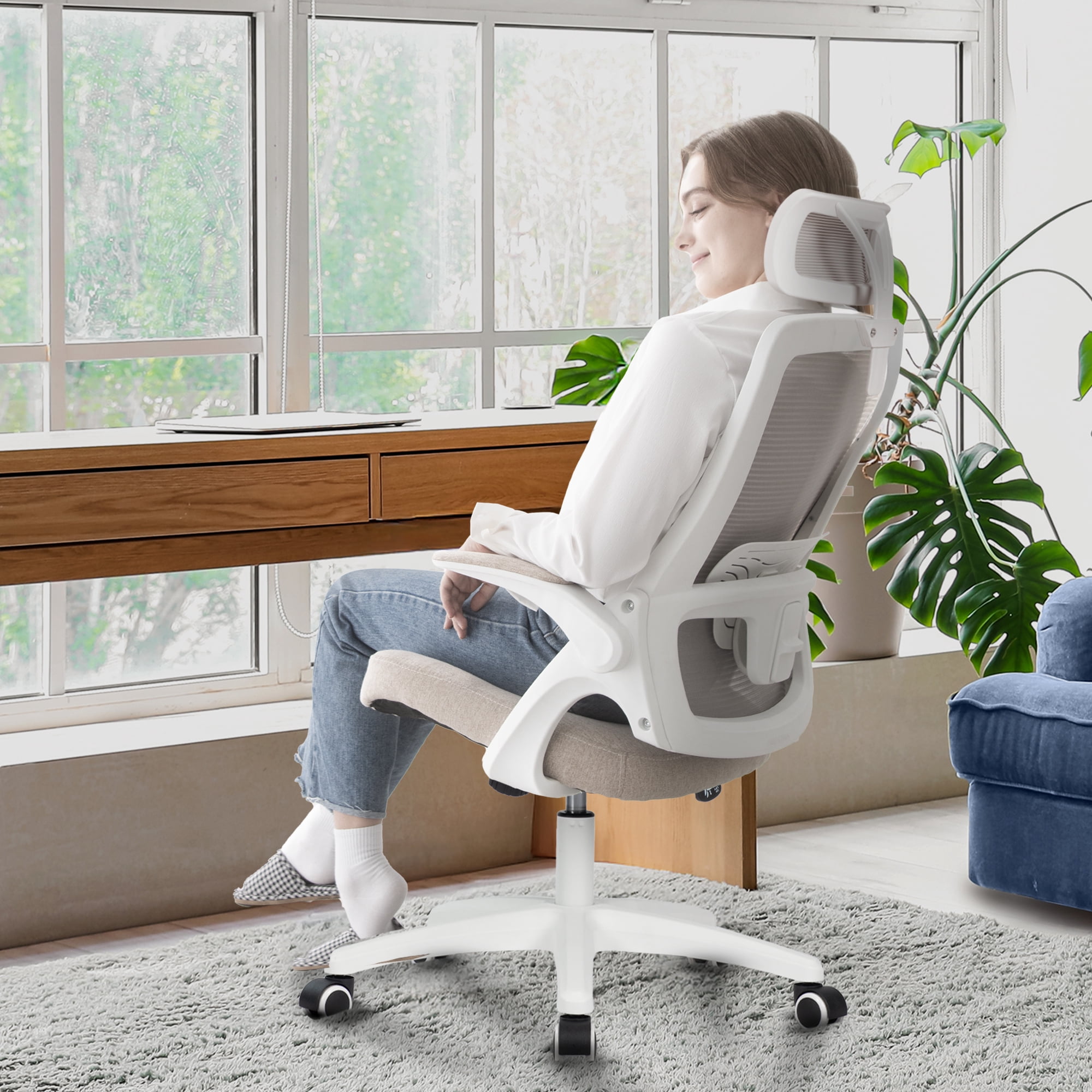 CELTOSS Ergonomic Office Chair, High Back Flip-Up Armrests Design, Adjustable Mesh Headrest and Lumbar Support, Beige