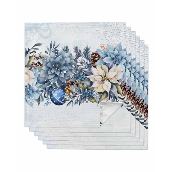 Blue Poinsettia Christmas Cloth Napkins Set of 6 Reusable Dinner Napkins, Xmas Botanical Balls Snowflake Cocktail Napkin Washable Table Napkins for Wedding/Holiday Party/Baby Shower 20"x20"