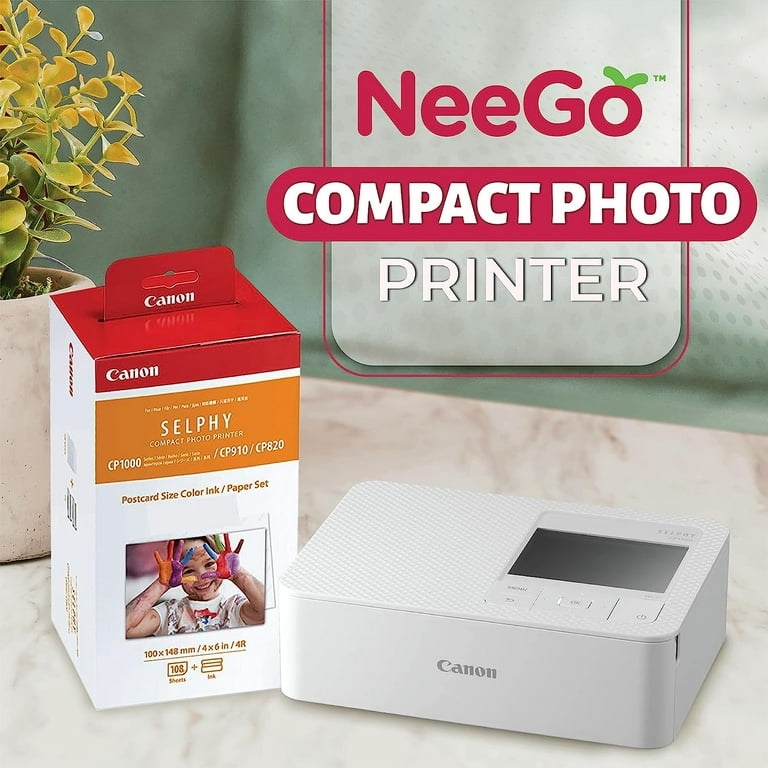 Canon SELPHY Printer, Instant Photo Printer with 108 Color Ink Paper Set Selphy  CP1500 Wireless Portable Photo Phone Printer (White) NeeGo Cable and Print  Protector (100 Pack) 