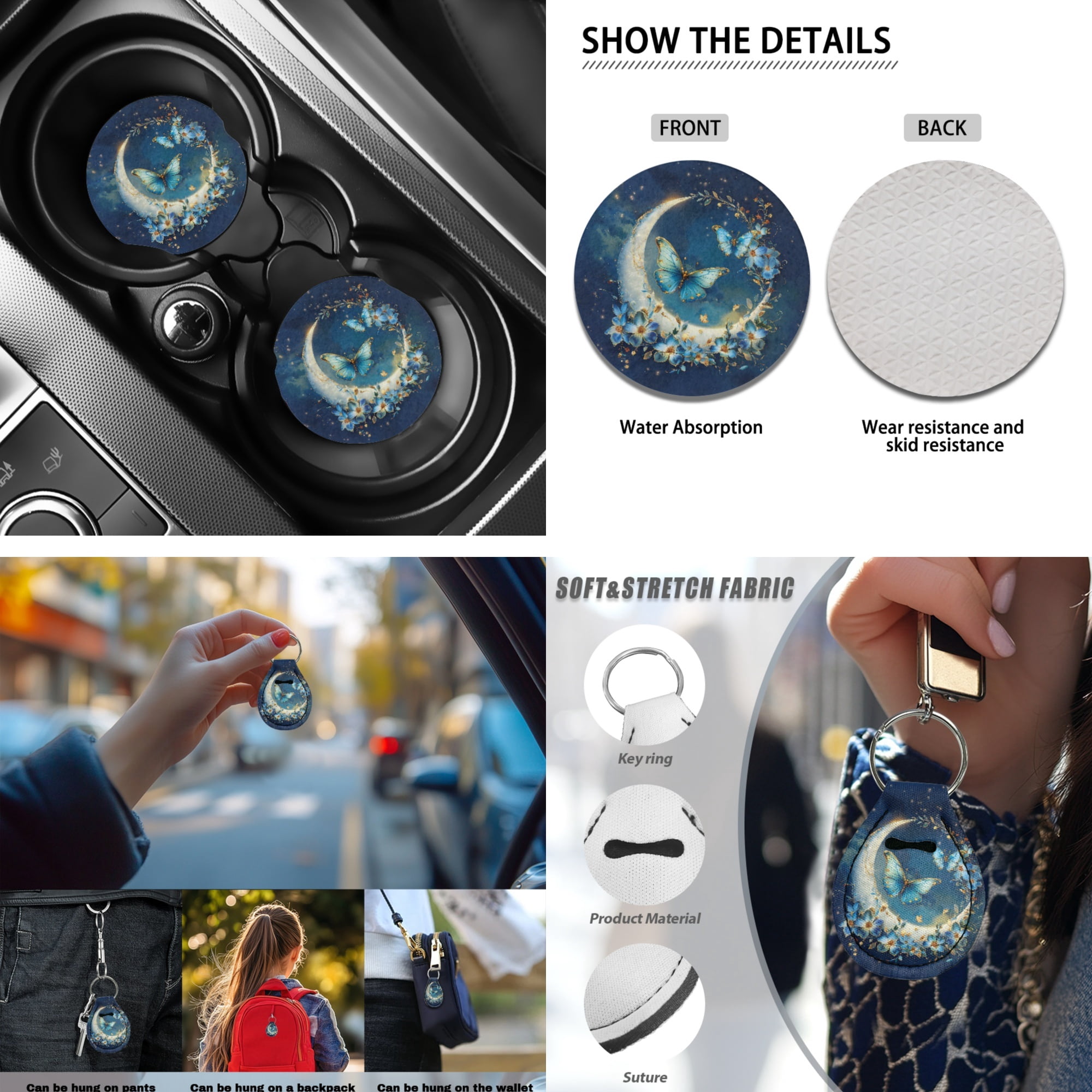Jeiento Butterfly Car Accessories 13pcs Car Seat Covers and Steering Wheel Cover Moon Seat Belt Pad Cover Auto Armrest Cover Cushion Keychain Cup Holders Universal Fit