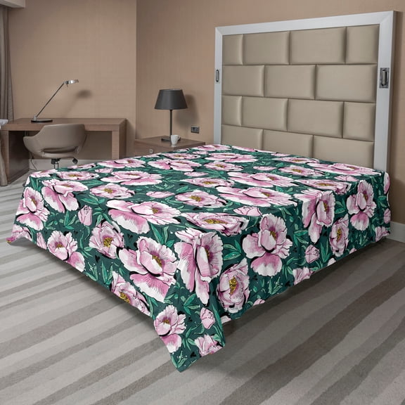 Ambesonne Garden Flat Bedding Sheet Soft Top Sheet, Peony Flowers Hearts Art, Queen, Soft Pink and Sea Green