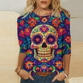 thumbnail image 2 of Hueook Womens Long Sleeve T Shirts Ladies' Day Of The Dead Printed Round Neck Three Quarter Sleeve 3/4 Sleeve T-shirt Loose Top Long Sleeved Round Neck Top/shirt Multicolor L, 2 of 5