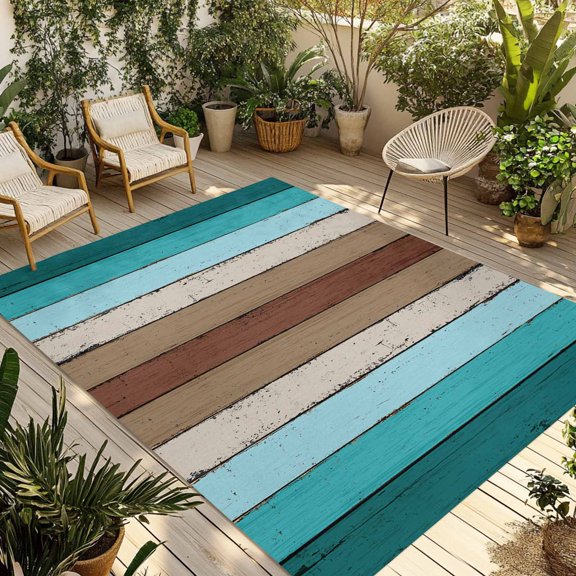 Farmhouse Wood Grain Outdoor Area Rug 4x6ft Decorative Indoor Outdoor Rug Teal Brown Patio Area Rug for Porch, Deck, Balcony, Entryway, Camping & RV