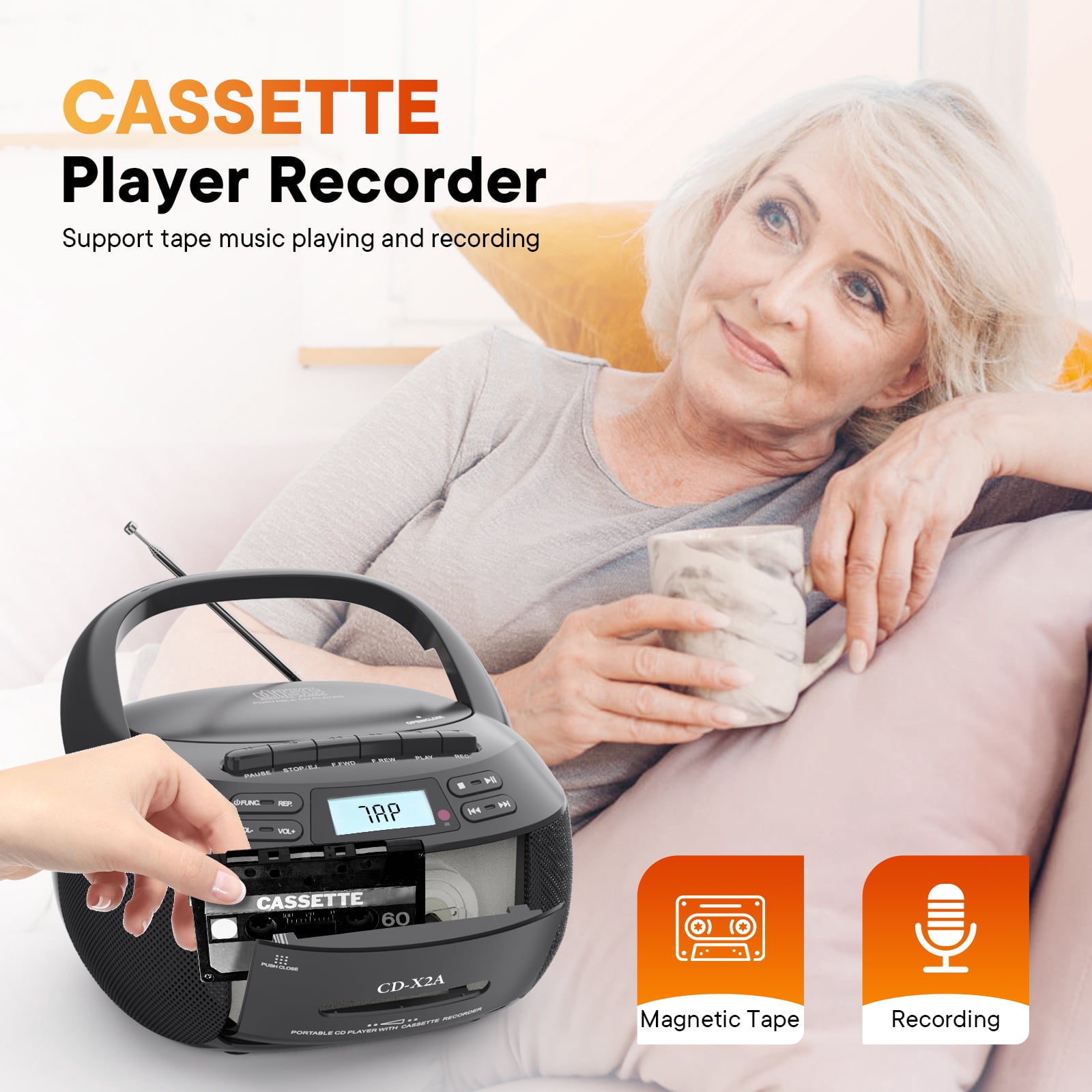 Boombox CD Cassette Player Combo, Boom Box and AM FM Radio with Bluetooth for Home & Outdoor, Stereo Sound with Remote Control, AC/Battery Operated, LCD Display, Support AUX USB Earphone