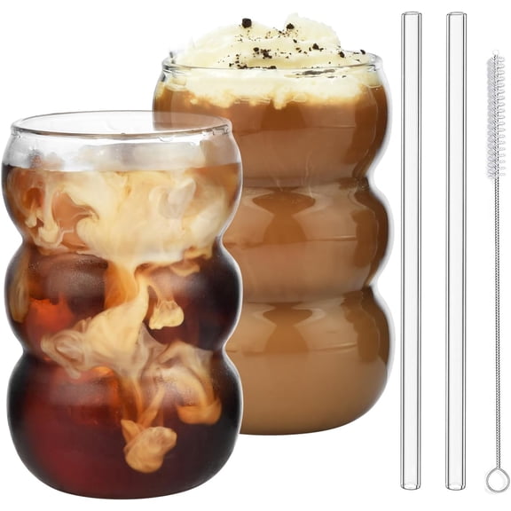 2 Pack 550ML Iced Coffee Glasses, Bubble Drinking Glasses Tumblers - Glass Cups Mini Cute Ripple Shaped Vintage Ribbed Glassware - Cocktail, Water, Soda, Juice, Milk