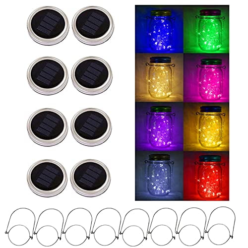 StarryMine Upgraded Solar Mason Jar Lights, 8 Pack 10 LED Waterproof Fairy Firefly Jar Lids String Lights with Hangers(Jars not Included), Patio Yard Garden Wedding Easter Decoration - 8 Colors