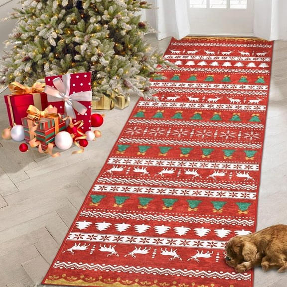 Christmas Bohemian Runner Rug Holiday Doormat Soft Skin-Friendly Machine Washable Bedroom Kitchen Red Area Rug for Living Room、Entrance Door、Bedroom、Laundry Room、Dormitory