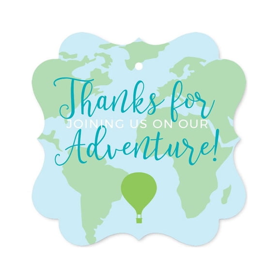 Hot Air Balloon Adventure World Map Party, Blue Green, Fancy Frame Gift Tags, Thank You for Joining Us, 24-Pack