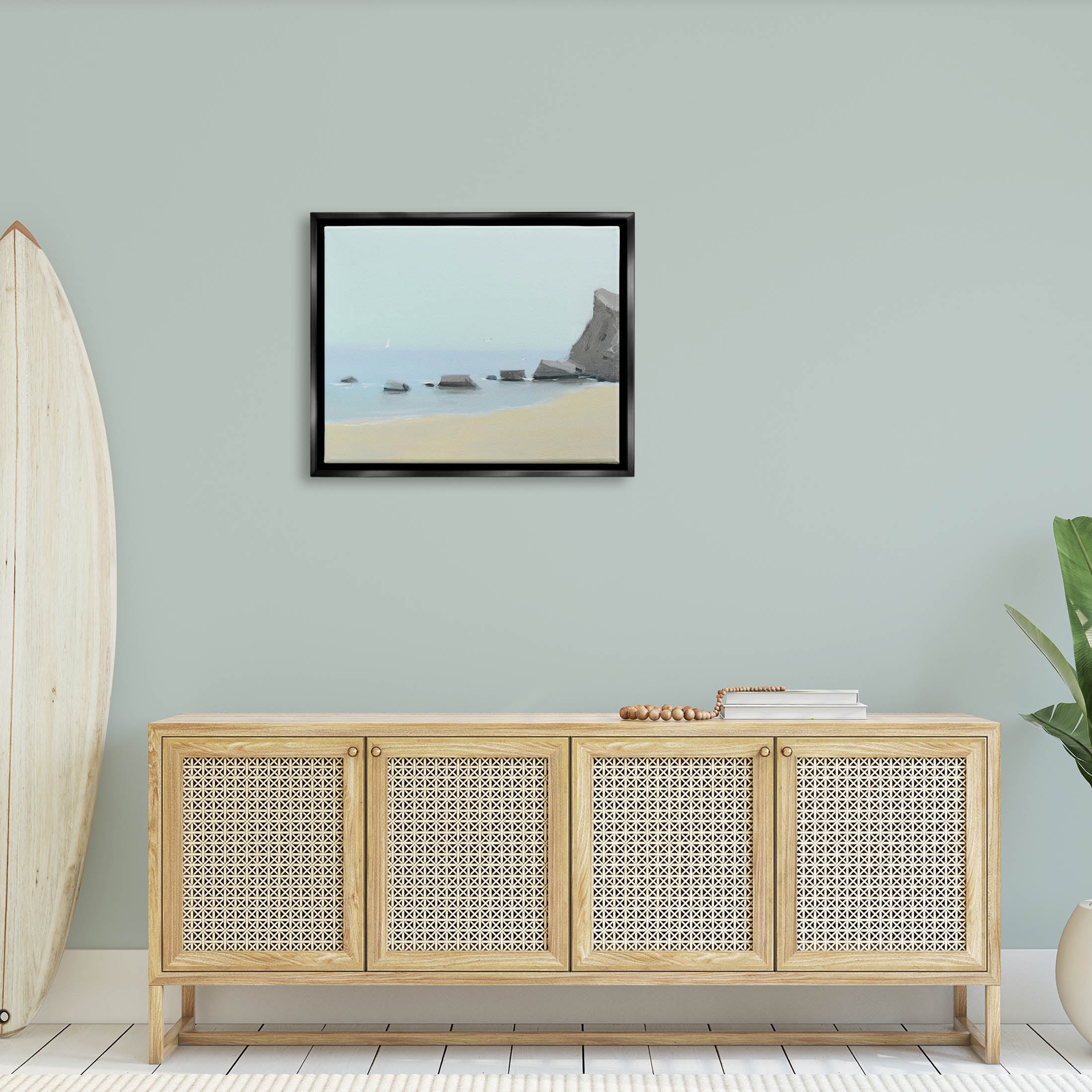 Calm Beach Shore Rocks Coastal Graphic Art Jet Black Framed Art Print Wall Art