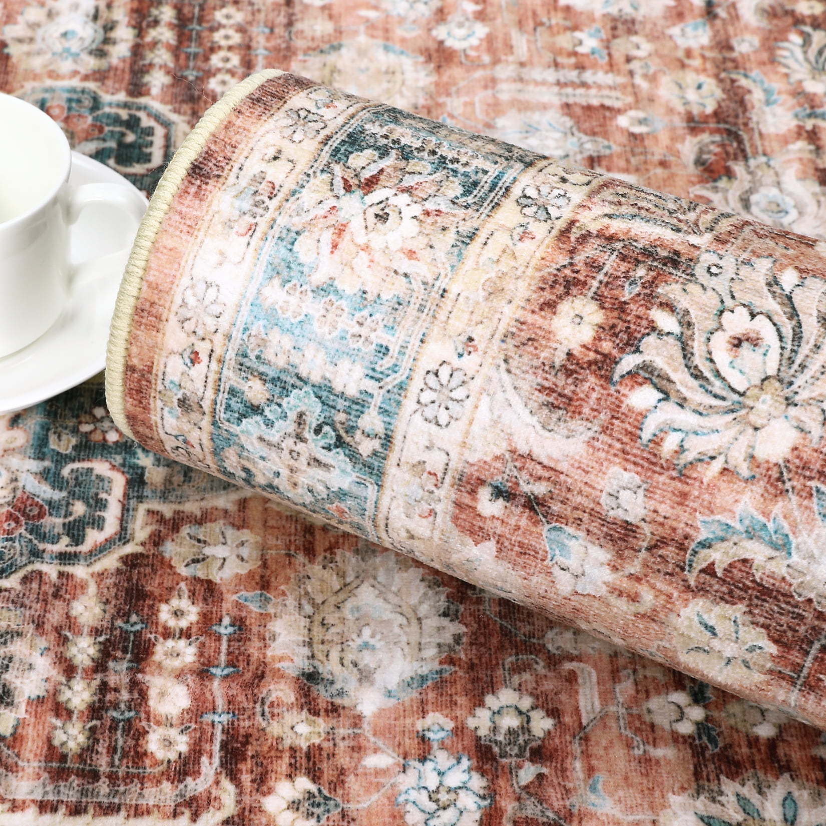 Hasoo 6' x 9' Area Rug Vintage Medallion Distressed Rug Indoor Soft Low Pile Washable Rug for Living Room Home Office Brick Red