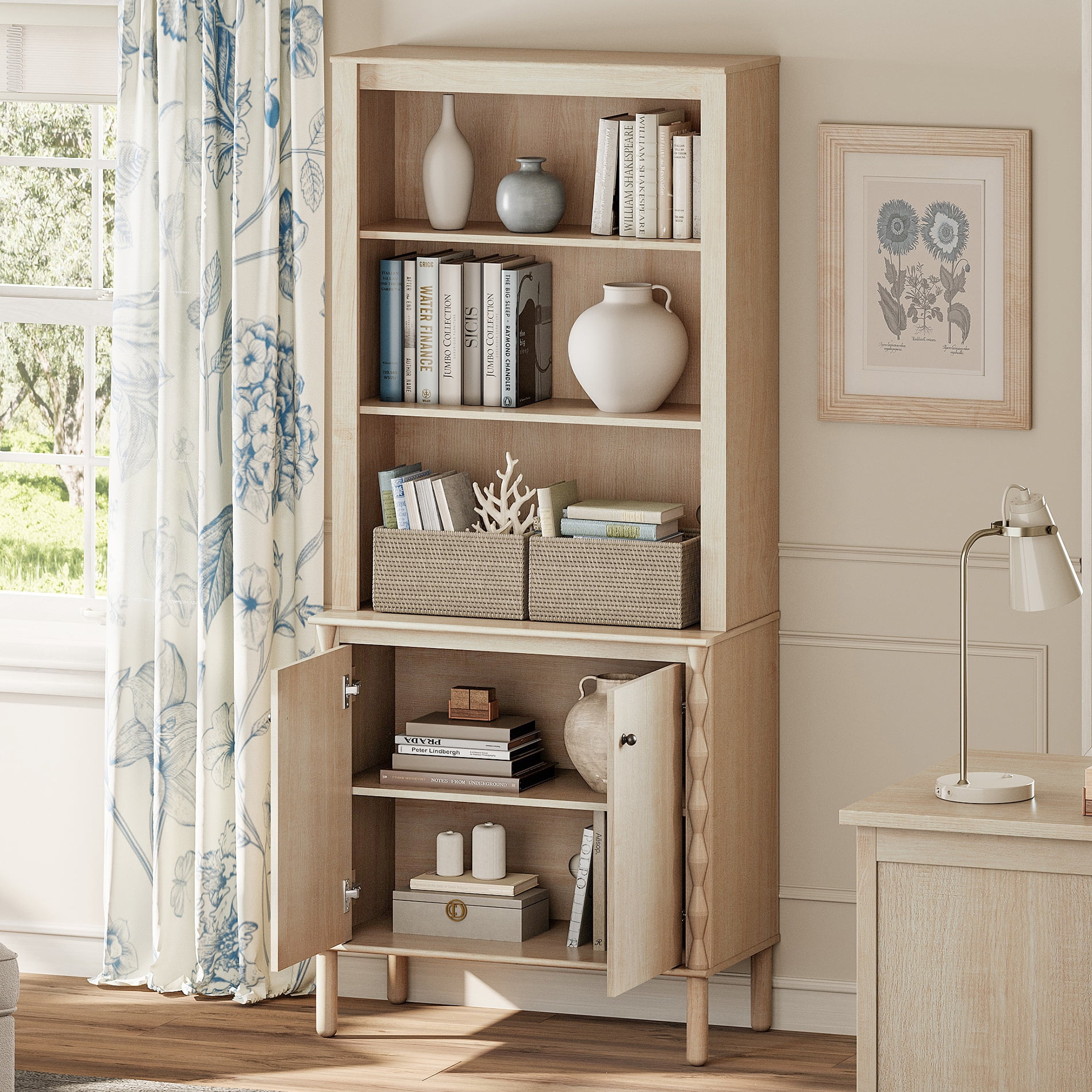 72" Tall Bookcase with Open BookShelves and Door Cabient,Natural