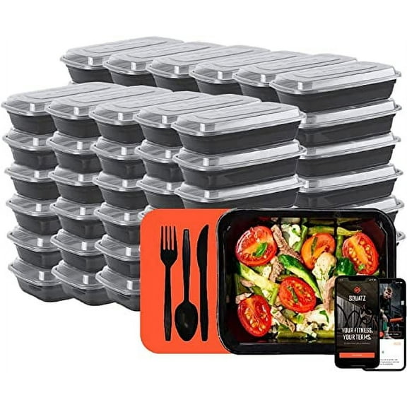 Squatz 100 Microwavable Food Container - 33oz Black Rectangular Meal Box Storage with Lids (Black)