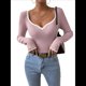 thumbnail image 3 of Camiseta de Larga con Escote Corazón para Mujer, de Punto Acanalado y Ribete en Contraste. Rosa L, 3 of 8
