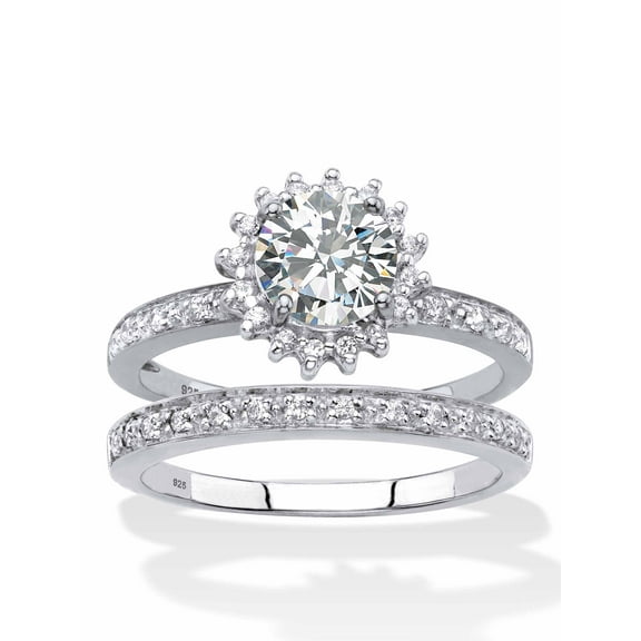 PalmBeach Jewelry Created White Sapphire and Genuine Diamond and 2-Piece Halo Wedding Ring Set 1.93 TCW in Platinum-plated Sterling Silver