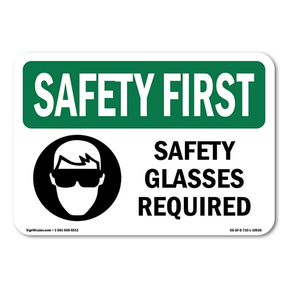 OSHA SAFETY FIRST Sign - Safety Glasses Required With Symbol | Decal | Protect Your Business, Work Site, Warehouse & Shop Area | Made in the USA