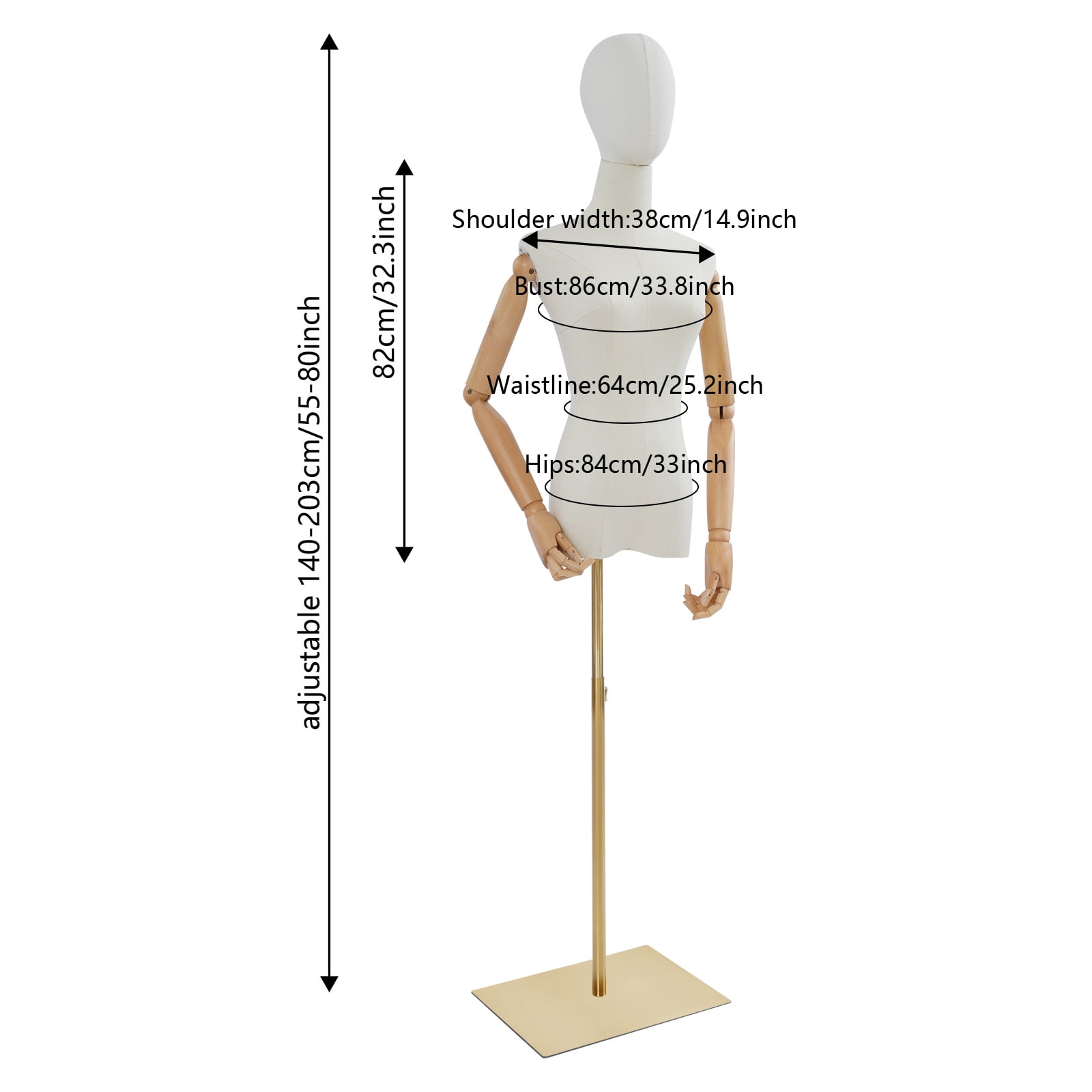 Female Mannequin, Female Dress Form Display, Adjustable Height（White + Wood Color + Golden）