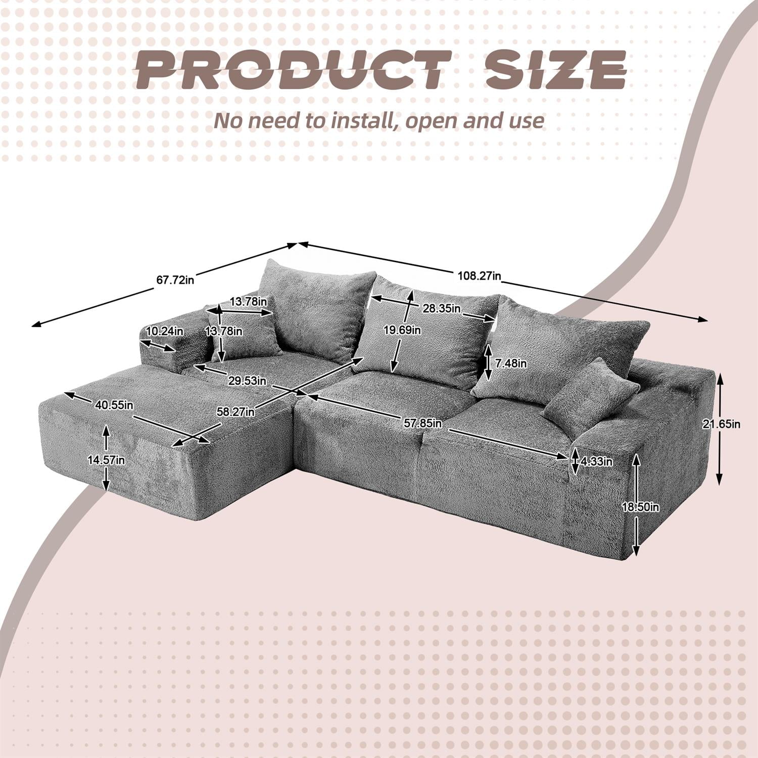 Demi Bonn 108" Modern L-Shaped Sofa, Premium Fabric Couch with Deep Seating, Freestyle Setup, No Assembly Needed for Living Room Relaxation, Gray