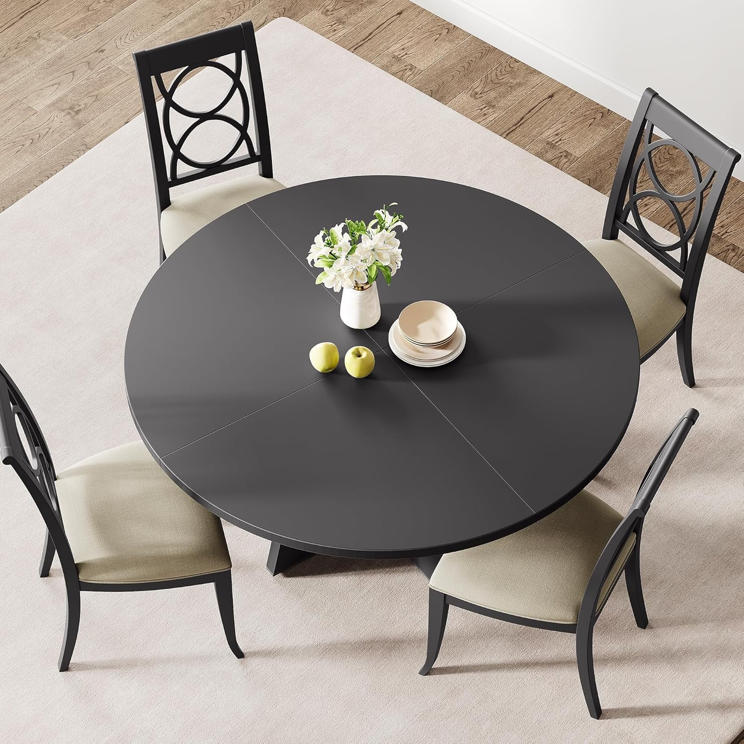 47-Inch Round Large Dining Table Set for 4 to 6, Farmhouse Dinner Table with Wooden Top and Legs for Home Dining Room or Living Room - Black