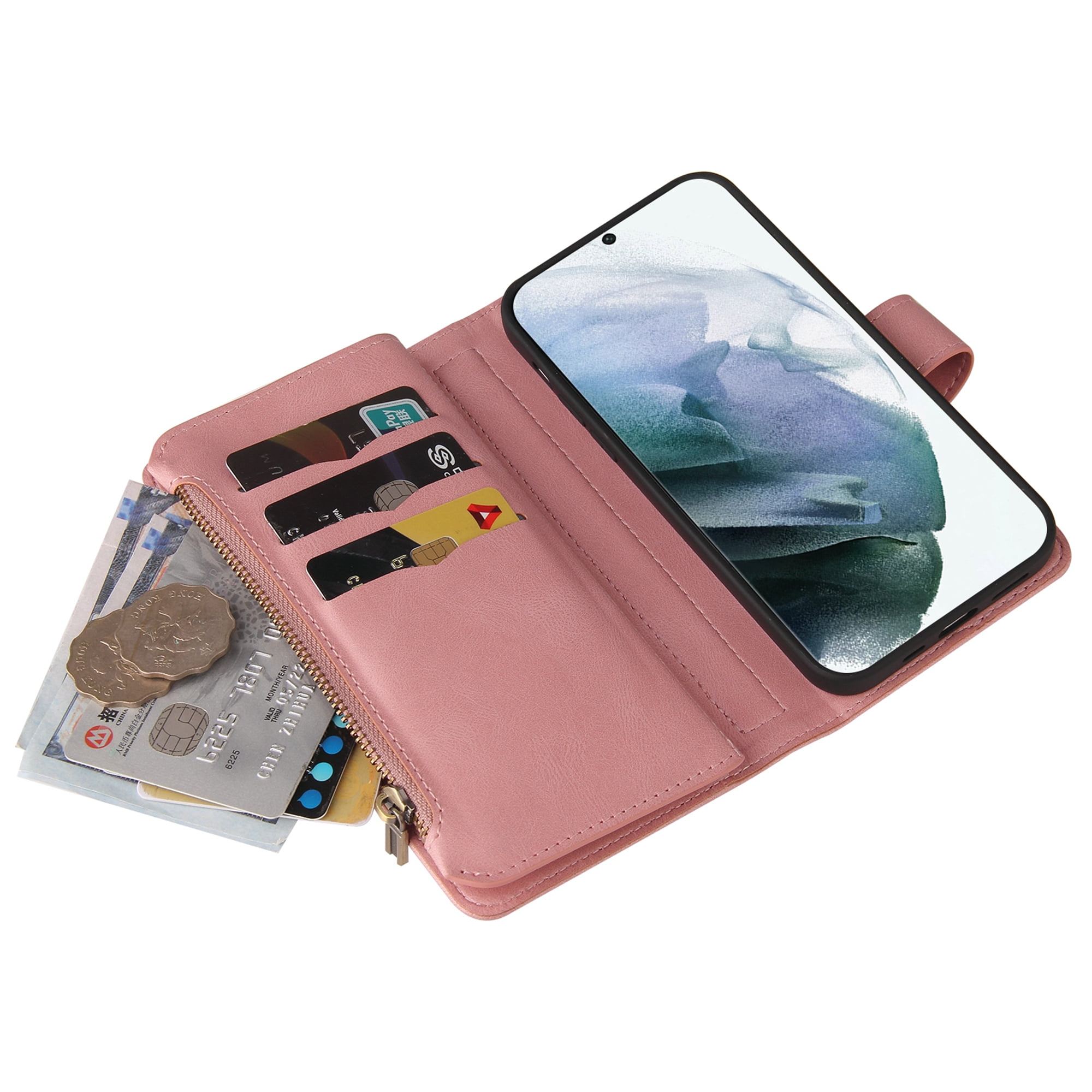 Phone Case for Samsung Galaxy S24 Ultra, S24 Ultra Wallet Case, Luxury Folio Flip Leather Cover [Zipper Pocket] [Wrist Strap] [Kickstand] for Samsung Galaxy S24 Ultra, Pink