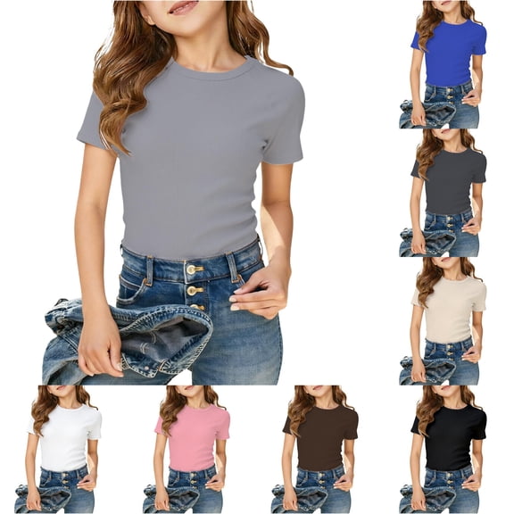 SGMVNU Girls Ribbed Tee Shirts Casual Fitted Crew Neck Short Sleeved Solid Basic Tees for Girls Daily Wear, Size 5-6 Years, Light Gray