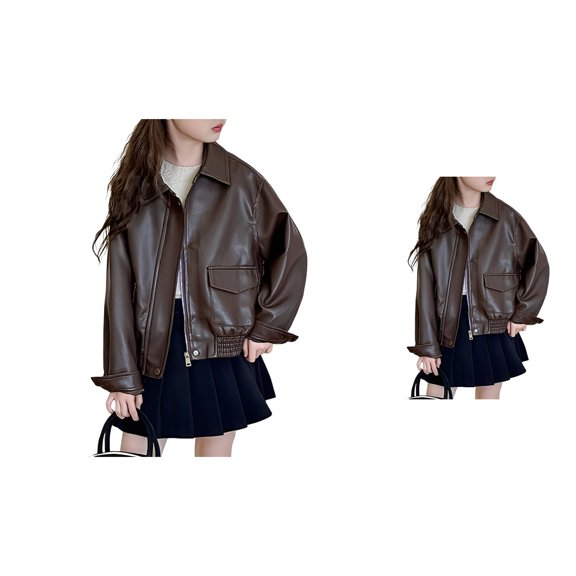 Girls' Leather Jacket, Zip-Up Windproof Outerwear with Stand Collar, Open Front Design for Toddlers & Big Kids 3-14 Years