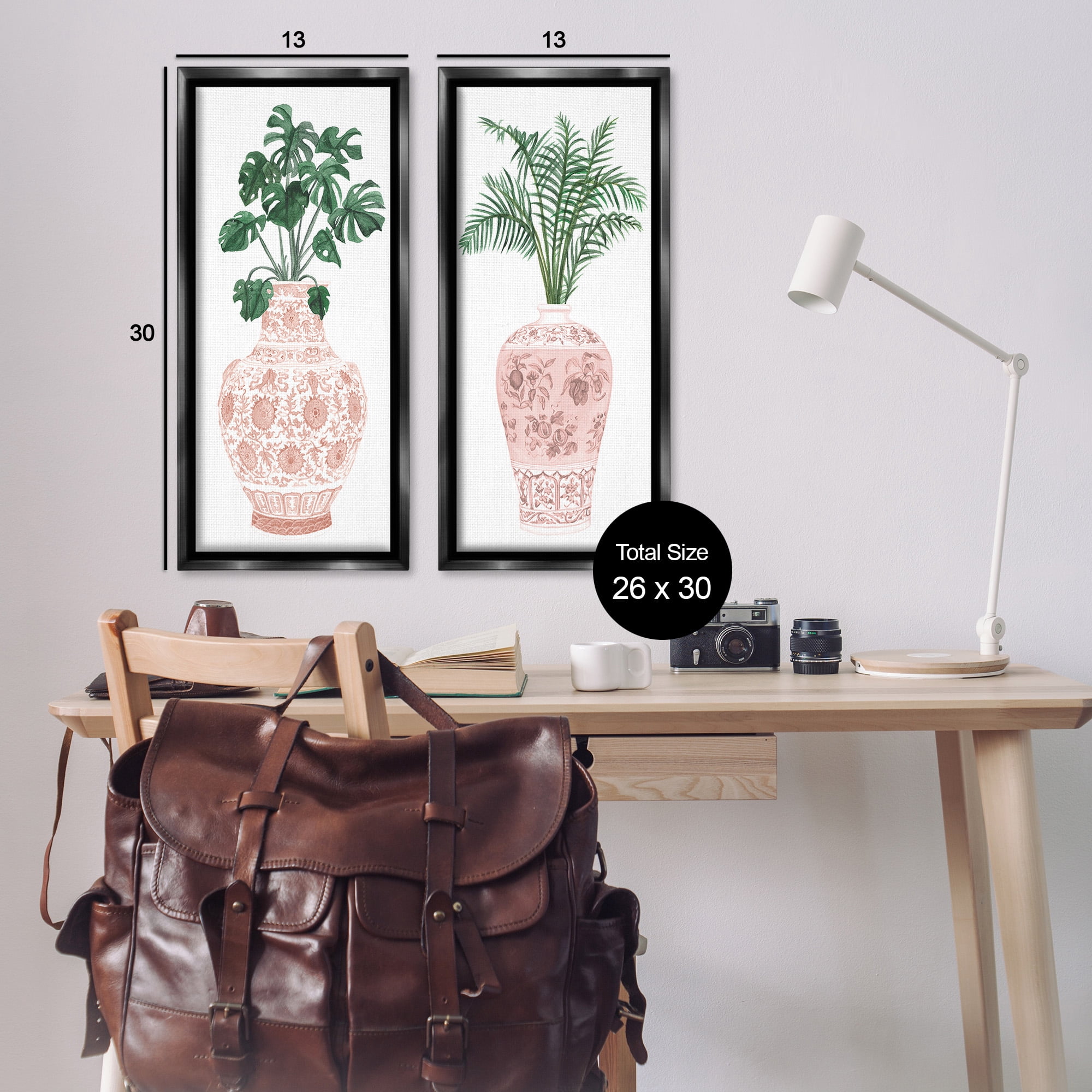 Stupell Industries Plants & Oriental Vases Botanical & Floral Painting Black Floater Framed Canvas Art Print Wall Art, 14 x 31, Set of 2
