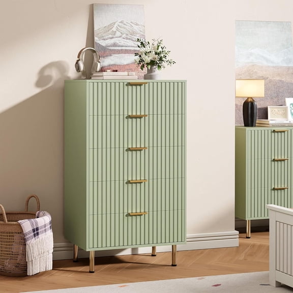 EastVita Fluted 5 Drawer Storage Dresser - Tall Modern Chest with Ample Deep Drawers and Wide Top - Wooden Organizer for Living Room/Hallway/Kids Room - Green