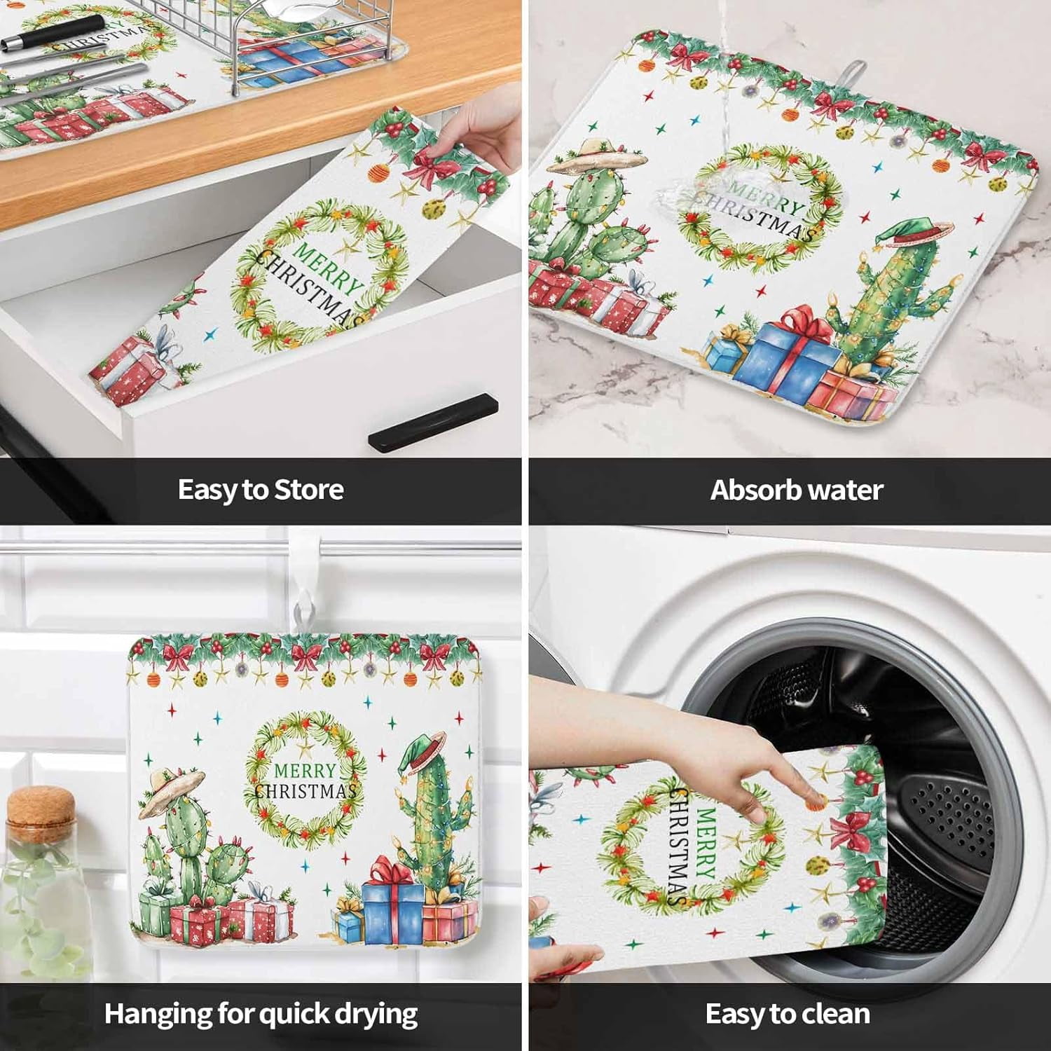 Christmas Cactus Dish Drying Mat for Kitchen Counter, Xmas Botanical Berry Baby Bottle Microfiber Drying Pad, Absorbent Coffee Cup Dishes Drainer Mats 18"x24", 1 Pcs