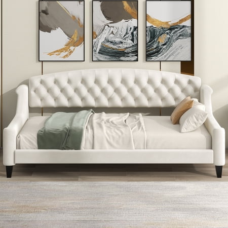 JFC Luxury Velvet Upholstered Daybed Sofa Bed w/Button Tufted Back and Armrests for Bedroom Living Room